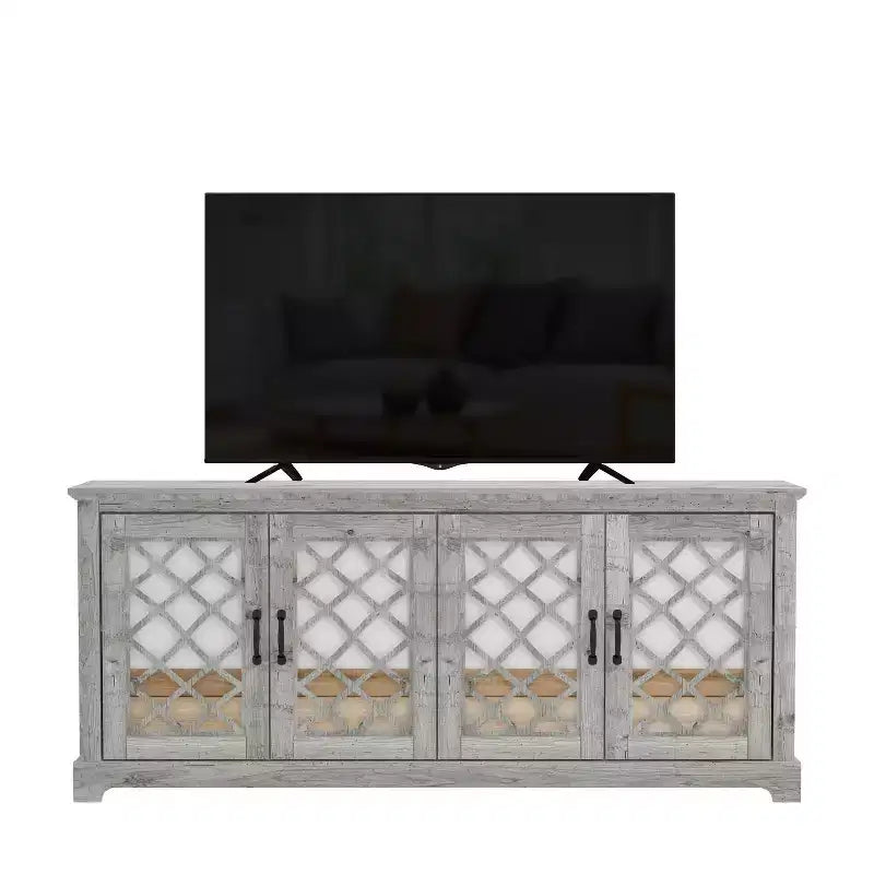 Meuble TV 4 portes en miroir avec rangements dissimulés