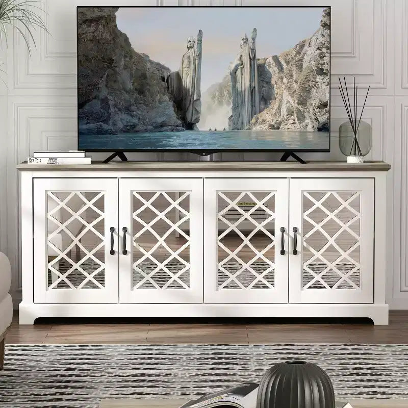 Meuble TV 4 portes en miroir avec rangements dissimulés