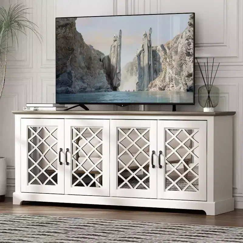 Meuble TV 4 portes en miroir avec rangements dissimulés