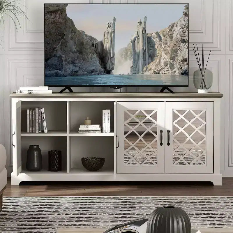 Meuble TV 4 portes en miroir avec rangements dissimulés