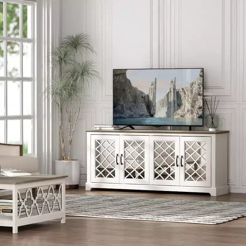 Meuble TV 4 portes en miroir avec rangements dissimulés