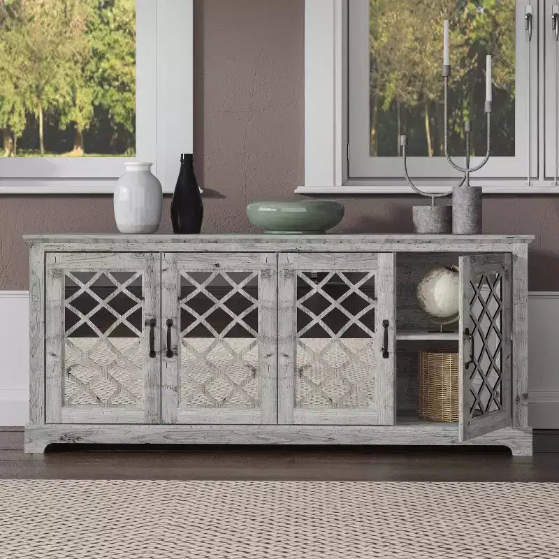 Meuble TV 4 portes en miroir avec rangements dissimulés