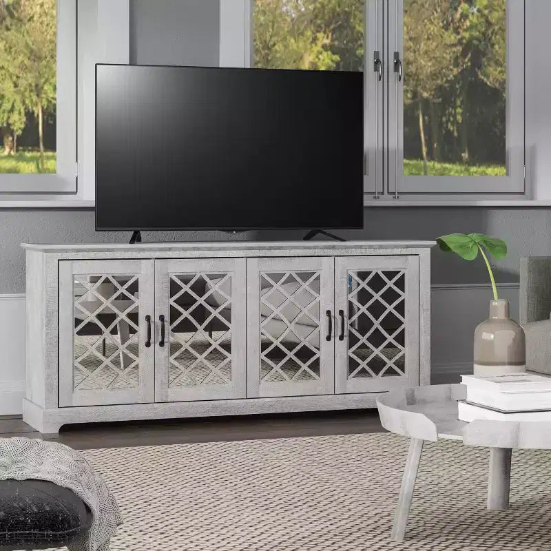 Meuble TV 4 portes en miroir avec rangements dissimulés