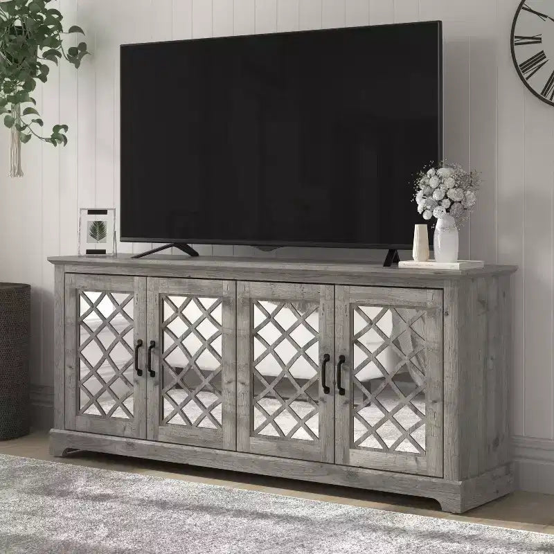 Meuble TV 4 portes en miroir avec rangements dissimulés