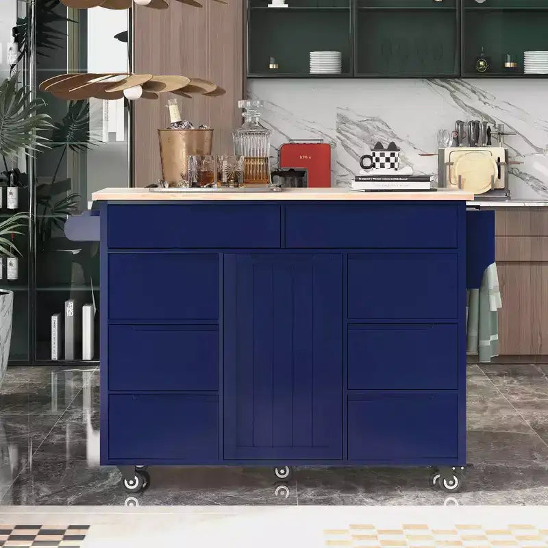 MAYEERTY Dark Blue Kitchen Cart with Rubber Wood Countertop, 8 Handle-Free Drawers Flatware Organizer 5 Wheels