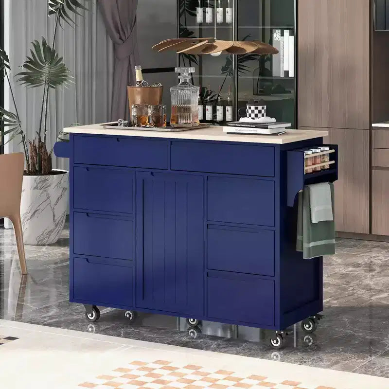 Desserte de cuisine bleu foncé avec plan de travail en bois d'hévéa