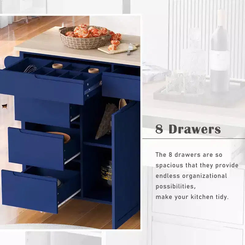 Desserte de cuisine bleu foncé avec plan de travail en bois d'hévéa