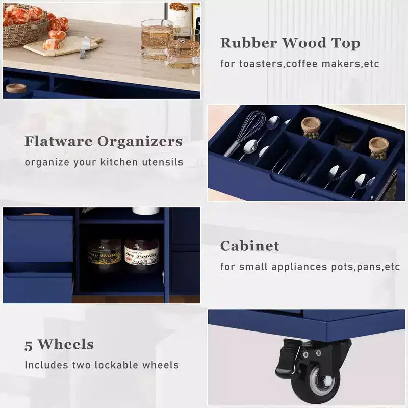 Desserte de cuisine bleu foncé avec plan de travail en bois d'hévéa