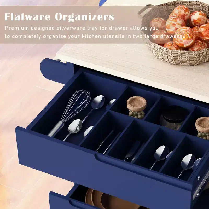 Desserte de cuisine bleu foncé avec plan de travail en bois d'hévéa