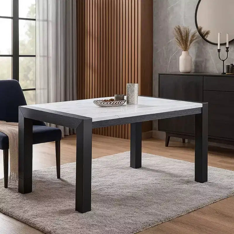 Royal Hampton Dining Table, Angular Design Faux-Marble Top, Gray Wood, 66 Inch