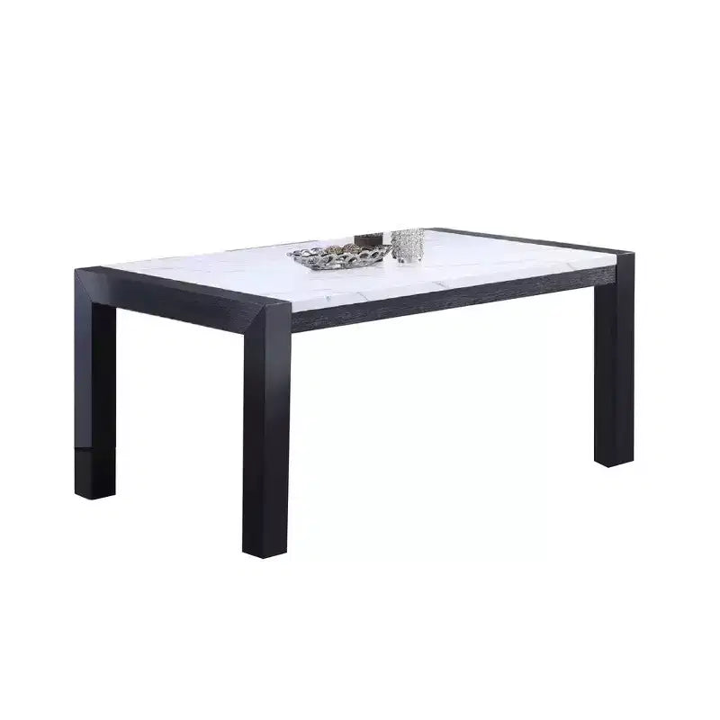 Table de salle à manger, design angulaire, plateau imitation marbre, bois gris, 168 cm