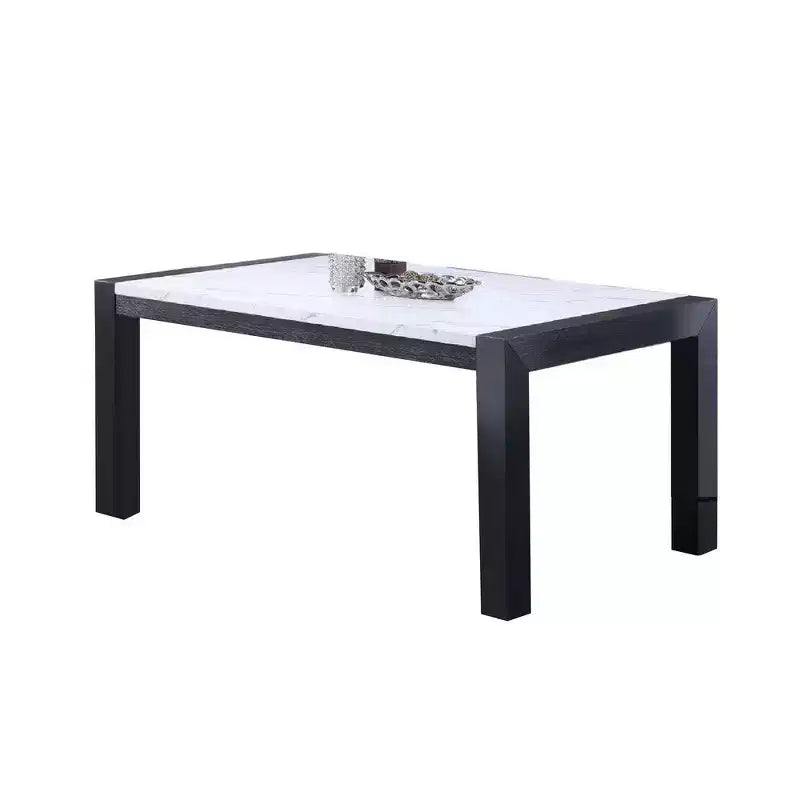 Table de salle à manger, design angulaire, plateau imitation marbre, bois gris, 168 cm