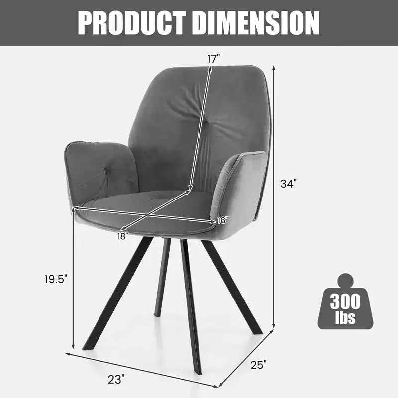 Fauteuils d'appoint pivotants en velours pour salle à manger avec dossier et pieds en métal gris