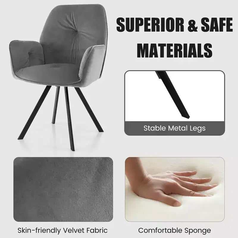 Fauteuils d'appoint pivotants en velours pour salle à manger avec dossier et pieds en métal gris