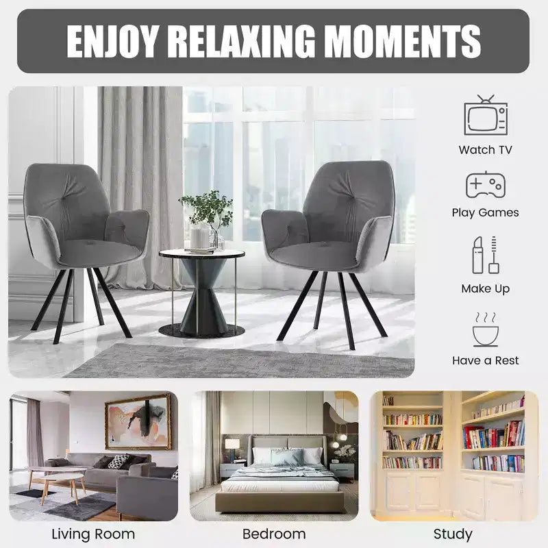 Fauteuils d'appoint pivotants en velours pour salle à manger avec dossier et pieds en métal gris