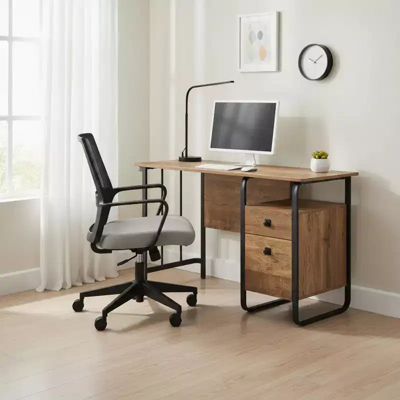 Bureau en bois composite avec tiroirs de rangement, chêne