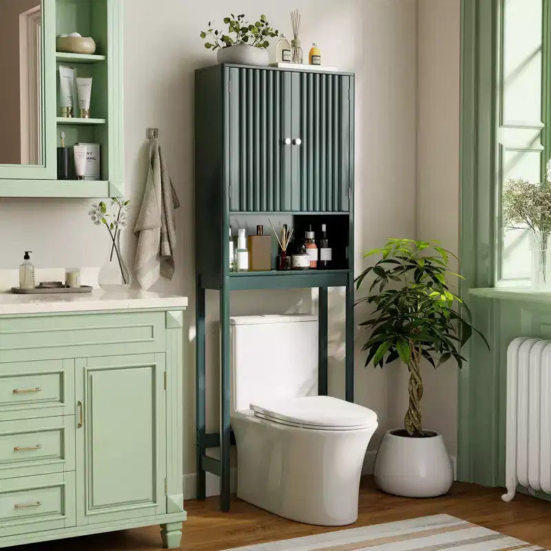 Meuble de rangement au-dessus des toilettes avec portes cannelées, étagère réglable et barre inférieure
