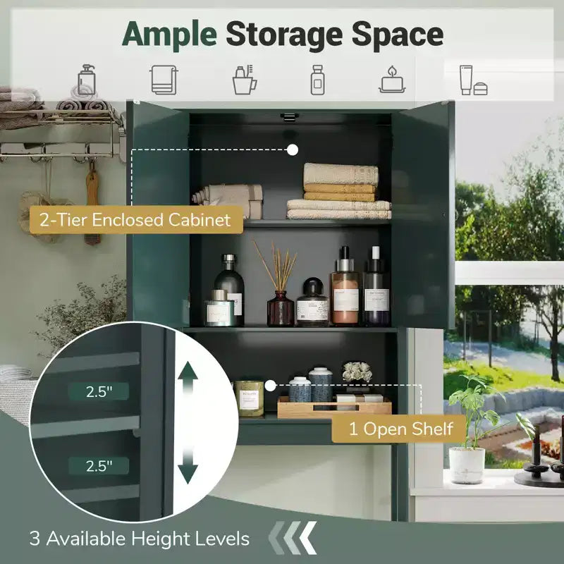 Meuble de rangement au-dessus des toilettes avec portes cannelées, étagère réglable et barre inférieure