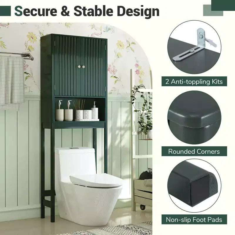 Meuble de rangement au-dessus des toilettes avec portes cannelées, étagère réglable et barre inférieure