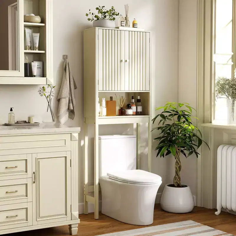 Meuble de rangement au-dessus des toilettes avec portes cannelées, étagère réglable et barre inférieure