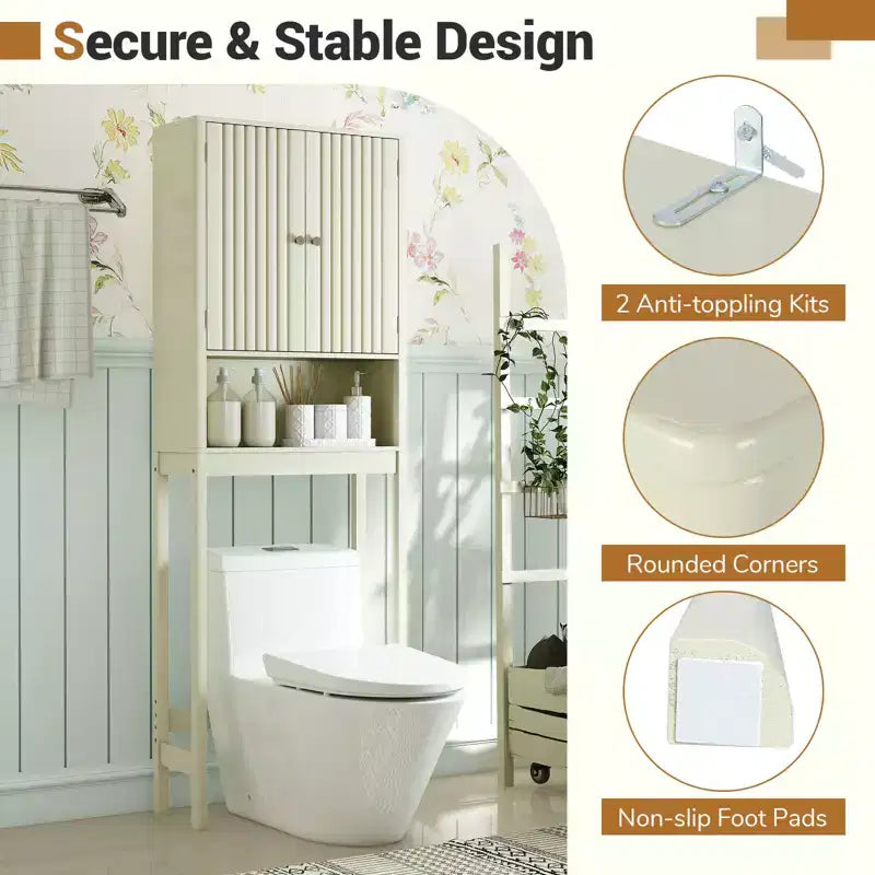 Meuble de rangement au-dessus des toilettes avec portes cannelées, étagère réglable et barre inférieure