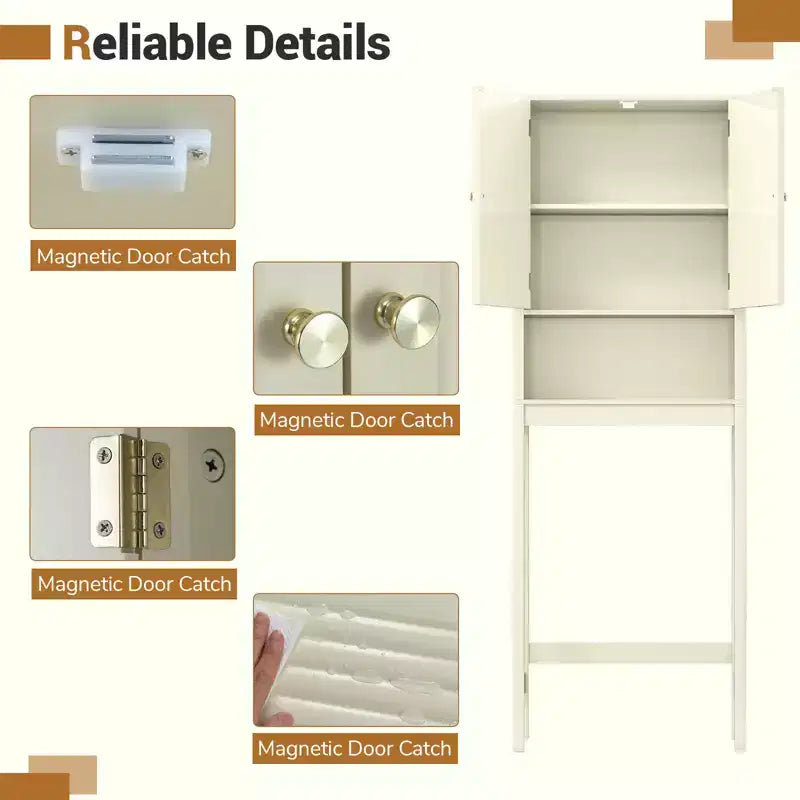 Meuble de rangement au-dessus des toilettes avec portes cannelées, étagère réglable et barre inférieure