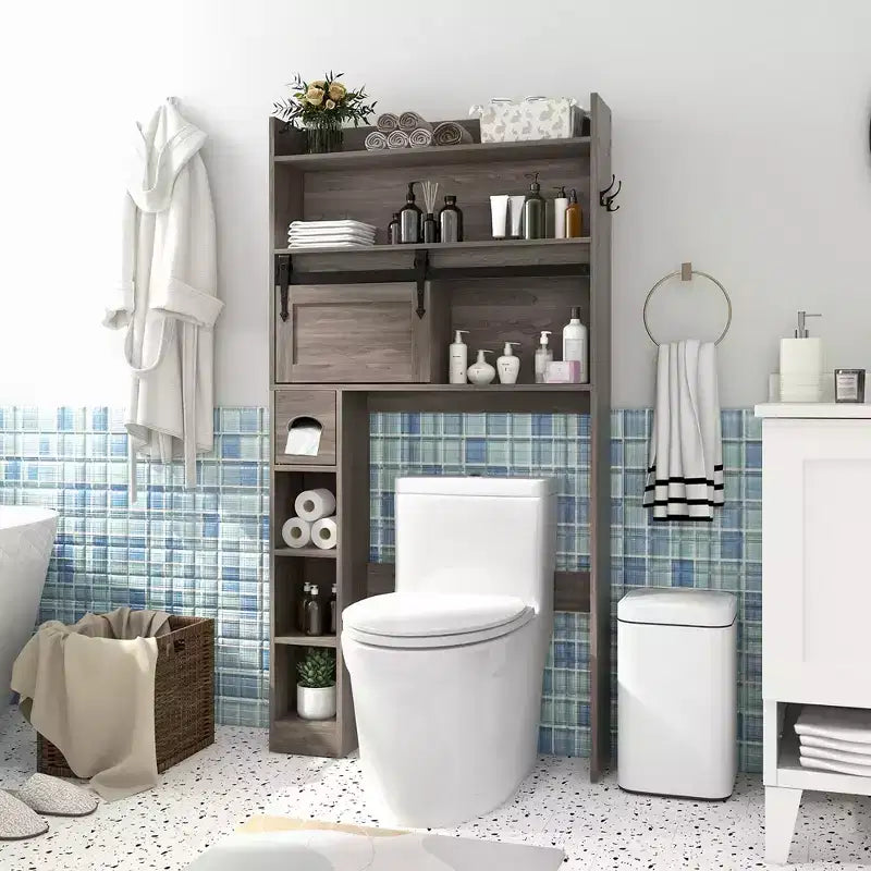 Meuble de rangement pour toilettes avec porte coulissante type grange, étagères réglables et 2 crochets