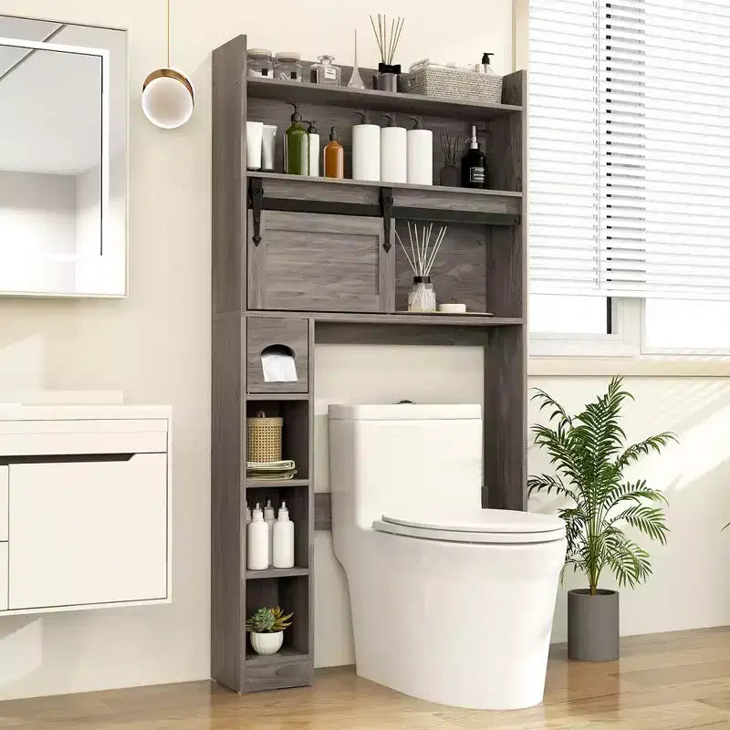 Meuble de rangement pour toilettes avec porte coulissante type grange, étagères réglables et 2 crochets