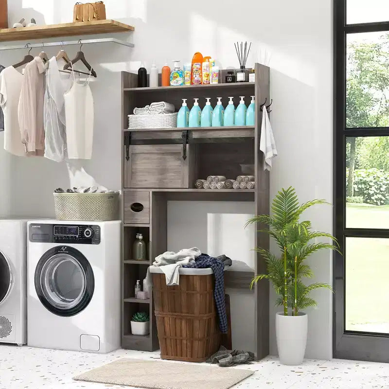 Meuble de rangement pour toilettes avec porte coulissante type grange, étagères réglables et 2 crochets