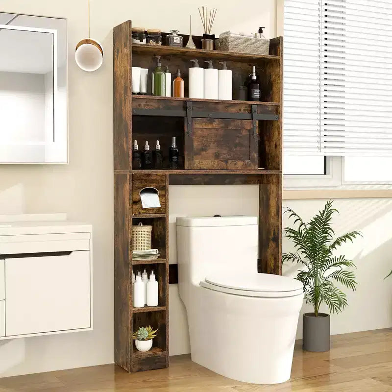 Meuble de rangement pour toilettes avec porte coulissante type grange, étagères réglables et 2 crochets