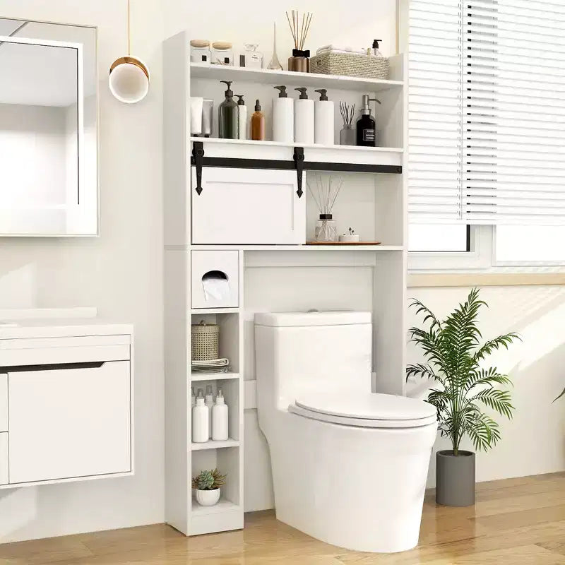 Meuble de rangement pour toilettes avec porte coulissante type grange, étagères réglables et 2 crochets