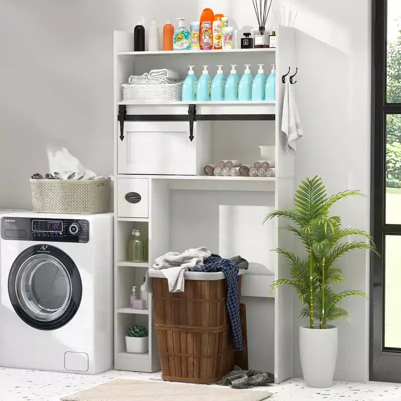 Meuble de rangement pour toilettes avec porte coulissante type grange, étagères réglables et 2 crochets