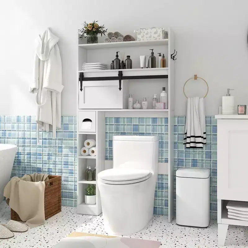 Meuble de rangement pour toilettes avec porte coulissante type grange, étagères réglables et 2 crochets