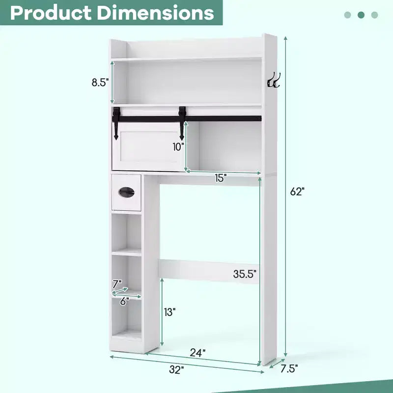 Meuble de rangement pour toilettes avec porte coulissante type grange, étagères réglables et 2 crochets