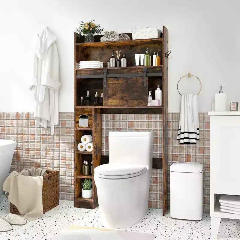Meuble de rangement pour toilettes avec porte coulissante type grange, étagères réglables et 2 crochets