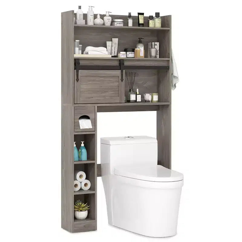 Meuble de rangement pour toilettes avec porte coulissante type grange, étagères réglables et 2 crochets