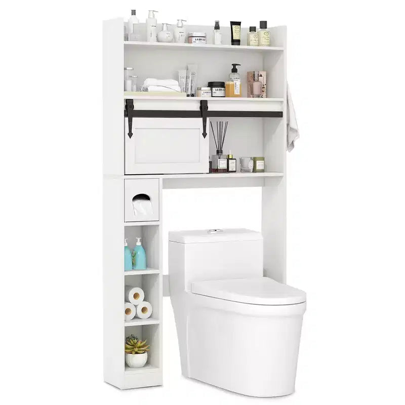 Meuble de rangement pour toilettes avec porte coulissante type grange, étagères réglables et 2 crochets
