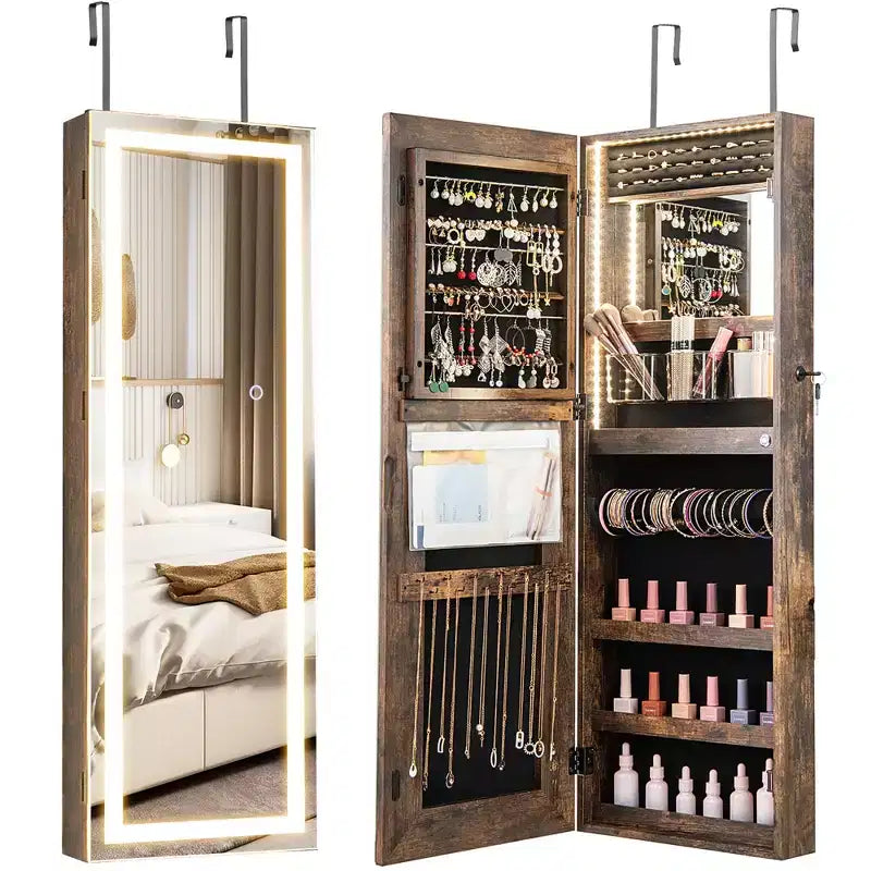 Costway LED Mirror Jewelry Cabinet Wall/Door Mounted Organizer Armoire w/ 3 Color Light