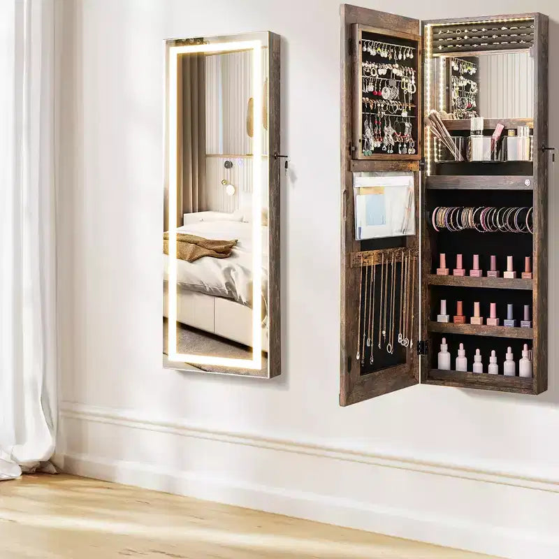 Armoire à bijoux miroir LED murale/à suspendre avec 3 lumières de couleur