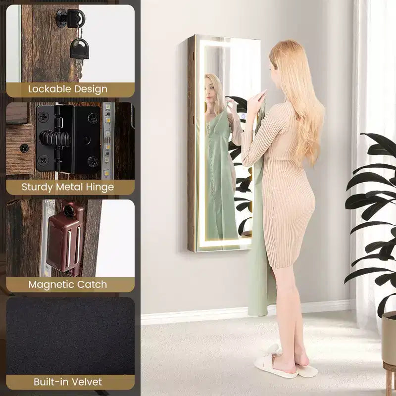 Armoire à bijoux miroir LED murale/à suspendre avec 3 lumières de couleur