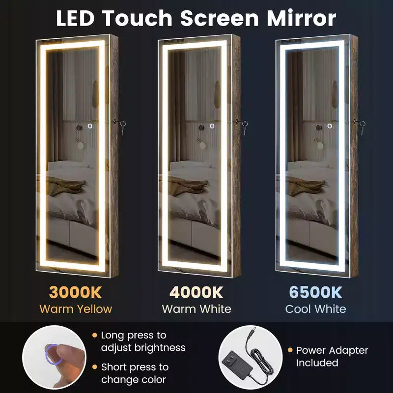 Armoire à bijoux miroir LED murale/à suspendre avec 3 lumières de couleur