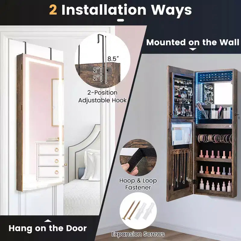 Armoire à bijoux miroir LED murale/à suspendre avec 3 lumières de couleur