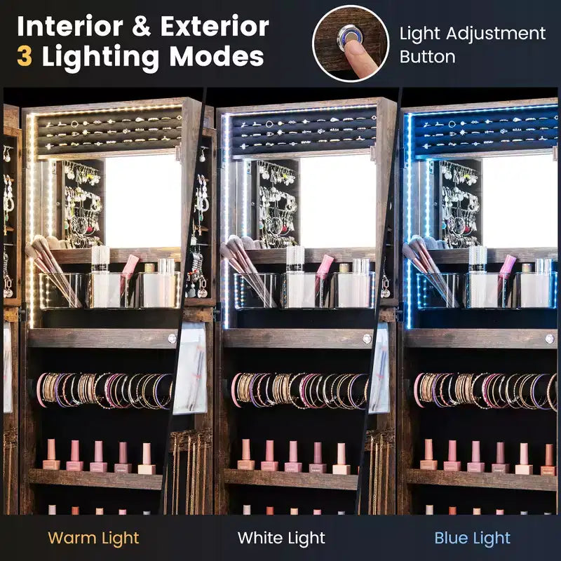 Armoire à bijoux miroir LED murale/à suspendre avec 3 lumières de couleur