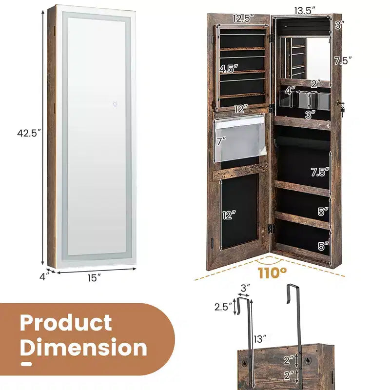 Armoire à bijoux miroir LED murale/à suspendre avec 3 lumières de couleur