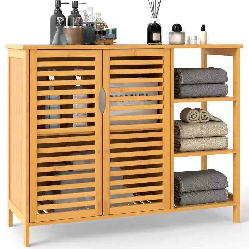 Costway Bamboo Bathroom Cabinet 2-Door Storage Organizer w/ Shelves Natural