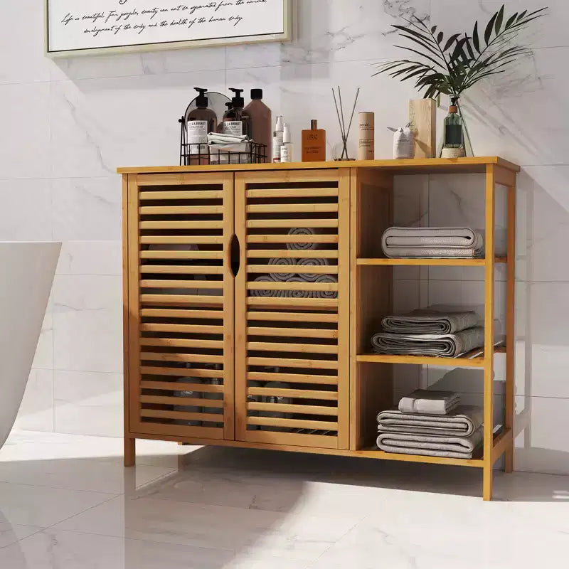 Meuble de salle de bain en bambou 2 portes avec étagères Naturel