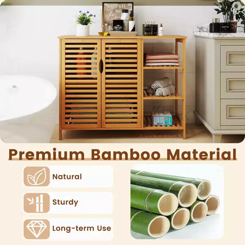 Meuble de salle de bain en bambou 2 portes avec étagères Naturel