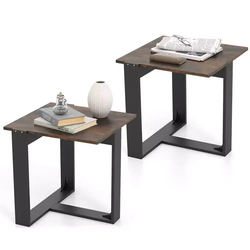 Costway Set of 2 End Tables Industrial Sofa Side Tables w/Metal Frame for Small Space