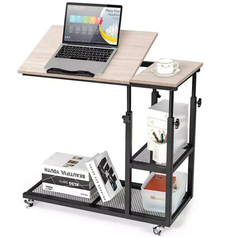 Costway C Shaped Side Table Coffee Table with Wheels Height and Tabletop Adjustable Storage Shelf