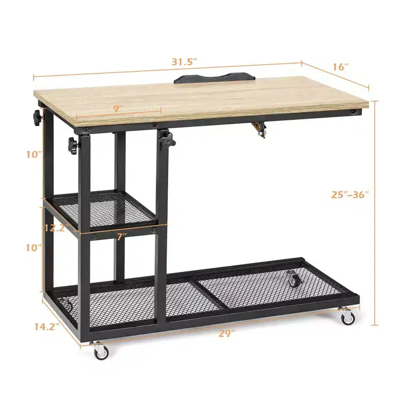 Table d'appoint en C, table basse avec roulettes, hauteur et plateau réglables, étagère de rangement